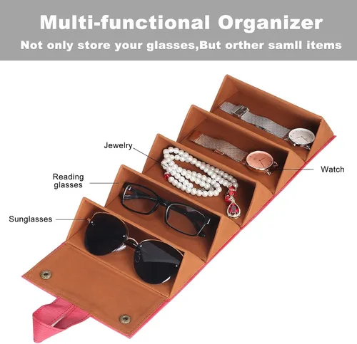 Vista 4 de Estuche organizador de lentes de sol de viaje múltiples, de piel sintética, plegable, caja de almacenamiento para hombres y mujeres