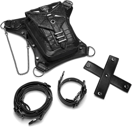 Vista 3 de Steampunk - Bolsa de cintura de piel para motocicleta, bandolera, bandolera, bandolera, bandolera, bolsa, negro - B, talla única