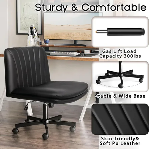 Vista 5 de Silla de oficina moderna negra entrecruzada, cómoda silla de escritorio con patas cruzadas con ruedas, silla de tocador de maquillaje sin brazos