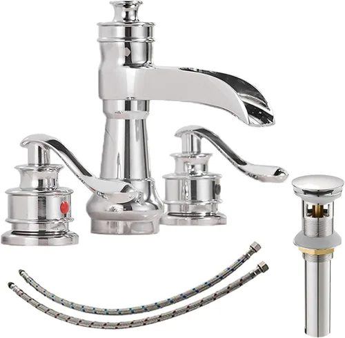 Vista 8 de Grifo de baño de níquel cepillado de 3 agujeros u 8 pulgadas, grifo de cascada de latón de 2 manijas para fregadero de baño, 3 agujeros montados
