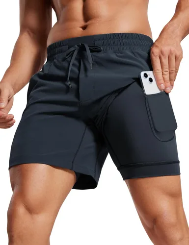 Vista 10 de CRZ YOGA Pantalones cortos de correr 2 en 1 para hombre de 5 pulgadas, forrados, de secado rápido, para entrenamiento, deportes, atletismo