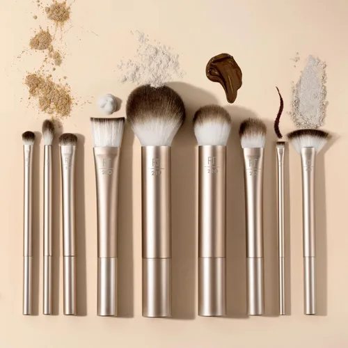 Vista 6 de Real Techniques Juego de 9 brochas de maquillaje Au Naturale para sombra de ojos líquida, crema y polvo, base, rubor, bronceador y contorno