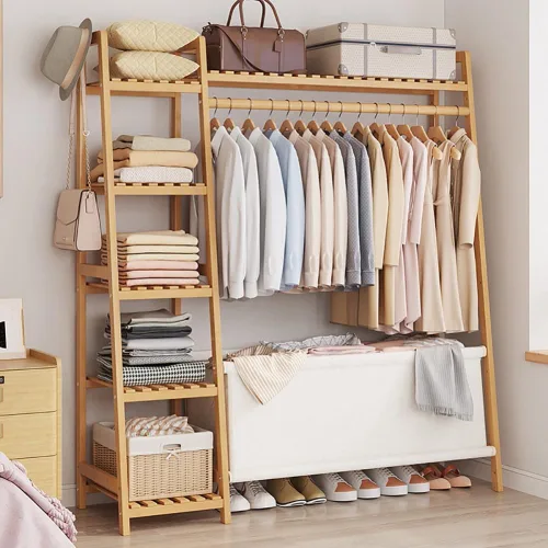 Vista 2 de Bamboo Coat Rack with Storage Rack,Freestanding Clothes Rack with Storage Bag,Wood Closet Shelf with Hanging Rod,Clothes Storage Organizer