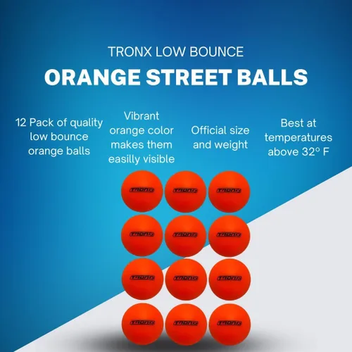 Vista 2 de TronX Pelotas de hockey callejero – Paquete de 12 – Balones de hockey oficiales para exteriores de color naranja bajo sin rebote