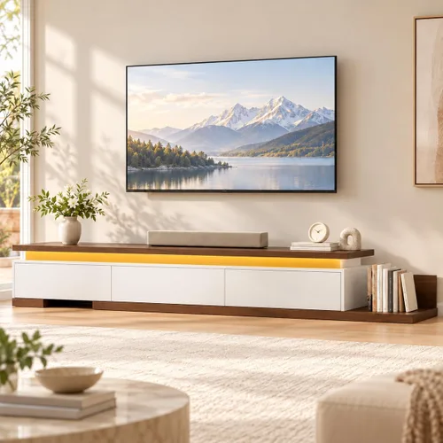Vista 9 de Soporte de TV extensible con luces LED (80 a 106 pulgadas), consola de TV moderna con 3 cajones, centro de entretenimiento reversible de madera