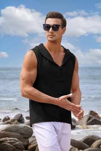 Vista 3 de Gafeng Sudadera de lino sin mangas para hombre, para verano, playa, casual, hippie, entrenamiento, con botones de rana muscular, camiseta sin mangas