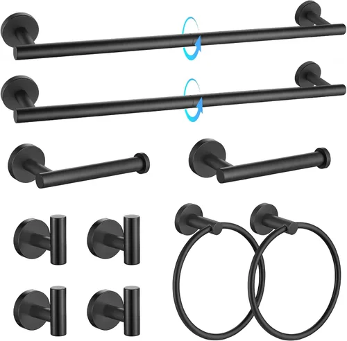 Vista 14 de TQKAG Juego de accesorios de baño negro y dorado de 5 piezas, juego de toalleros redondos de acero inoxidable de 23.6 pulgadas para baño montado