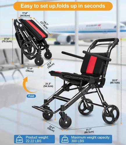 Vista 5 de Sillas de ruedas para adultos, silla de ruedas de transporte, sillas plegables ligeras con frenos de mano, sillas de ruedas portátiles de viaje