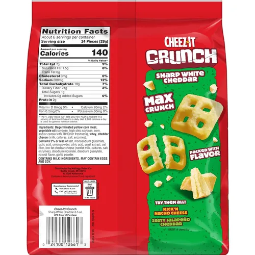 Vista 3 de Cheez-It Crunch Pasabocas horneados con sabor a queso, bocadillos para el almuerzo, cheddar blanco fuerte (paquete de 6 bolsas)