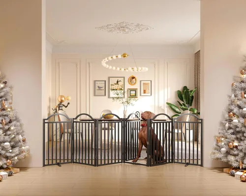 Vista 17 de BHG Puerta independiente de metal para perros sin ensamblaje con puerta a través, extra ancha de 80 pulgadas, puerta extra alta para mascotas de 30