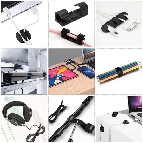 Vista 7 de Kit organizador de cables con 2 fundas para cables divididas con 41 clips autoadhesivos, 10 unidades y 2 rollos de ataduras autoadhesivas y 100