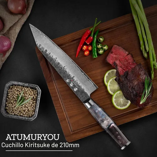 Vista 7 de Cuchillo de chef japonés Kiritsuke de 8.27 pulgadas con núcleo VG10, cuchillo profesional de Damasco forjado a mano de 67 capas con mango