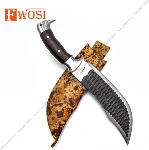 Vista 9 de Kukri Blade - Cuchillo de hoja fija, cuchillo machete Kukri - acero de alto carbono de Leafspring - Mango de palisandro - Funda de cuero marrón