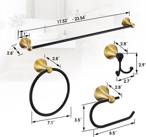 Vista 7 de Juego de Herrajes de Baño Dorado Cepillado y Negro, Kit de Accesorios de Baño Negro y Dorado de 4 Piezas de Acero Inoxidable Barra de Toalla de 23.6