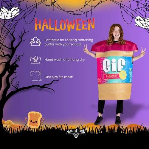 Vista 2 de Gif - Disfraz de Halloween con tarro de mantequilla de maní, divertido disfraz de comida ingeniosa para adultos, unisex