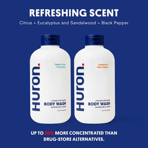 Vista 5 de Huron Gel de baño hidratante para hombre – Aroma fresco y vigorizante de cítricos, eucalipto, menta y verduras aromáticas – Hecho con aceite