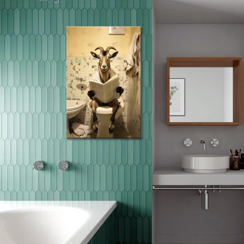 Vista 37 de GLOKAKA Lienzo decorativo para baño, diseño divertido de alpaca sentado en el inodoro, leyendo periódico, arte de pared, humor, granja, animal, arte