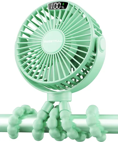 Vista 10 de SWEETFULL Ventilador portátil de cochecito de 4000 mAh con pantalla LED, mini ventilador recargable de 4 velocidades, trípode flexible giratorio