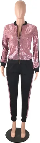 Vista 5 de ThusFar Conjunto sexy de lentejuelas de dos piezas para mujer, con bolsillos, chaqueta metálica con purpurina y pantalón, ropa de club