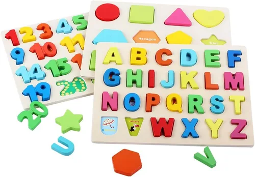 Vista 6 de QZMTOY Rompecabezas de madera para niños pequeños, rompecabezas de madera con números, letras y formas para niños pequeños, rompecabezas