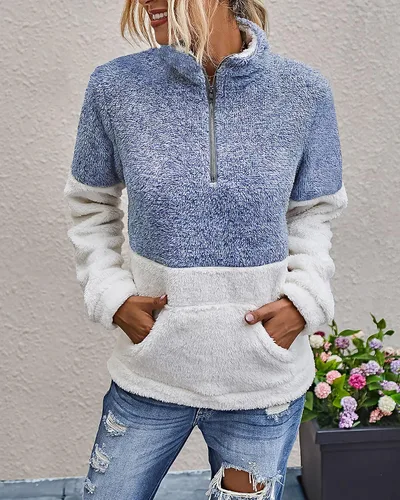 Vista 2 de BTFBM - Suéter sin botones de sherpa con capucha para mujer, con 1/4 de cremallera y manga larga, suave y mullida, de vellón Azul