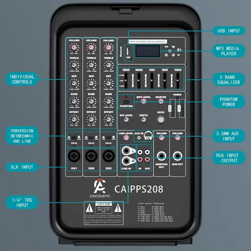 Vista 5 de Sistema de altavoces PA todo en uno de 2 vías, paquete de mezclador de DJ, mezclador de 8 canales de 300 W, Bluetooth, kit de amplificador