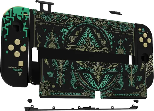 Vista 5 de eXtremeRate Juego completo de carcasa de bricolaje para Nintendo Switch OLED, placa trasera de consola y soporte, carcasa para controlador de mano