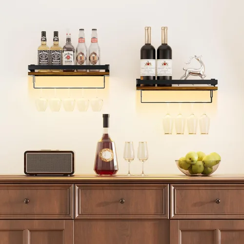 Vista 10 de Shikha - Estante de vino LED montado en la pared con soporte para vidrio Marrón rústico