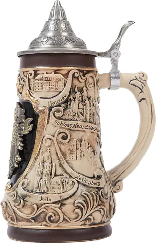 Vista 6 de Taza de jarra de cerveza alemana Oktoberfest bávara vikinga con tapa Petwer para hombres, padre amante de la cerveza, 0.9 litros