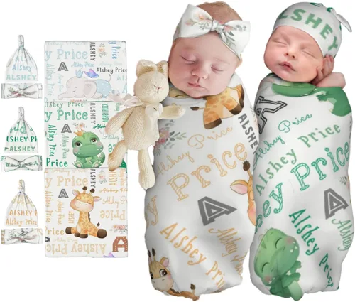 Vista 10 de Juego de manta personalizada para bebé con diadema acogedora y sombrero para niñas y niños recién nacidos, manta personalizada con nombre de bebé
