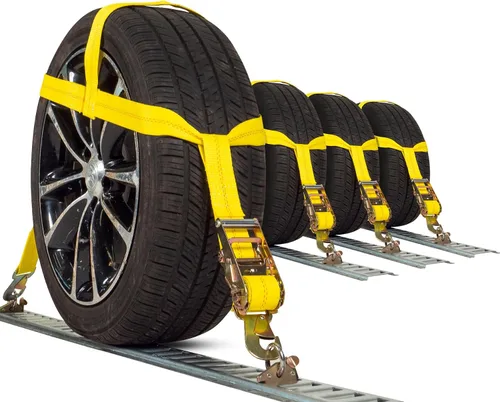 Vista 8 de US Cargo Control Capó de rueda con ganchos planos y trinquete, amarre amarillo fácil de usar para el transporte de automóviles, correas de poliéster