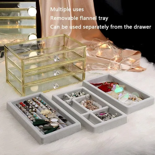 Vista 4 de Joyero de cristal transparente con 3 cajones de terciopelo para aretes, anillos, collares, pulseras, cajas de joyería