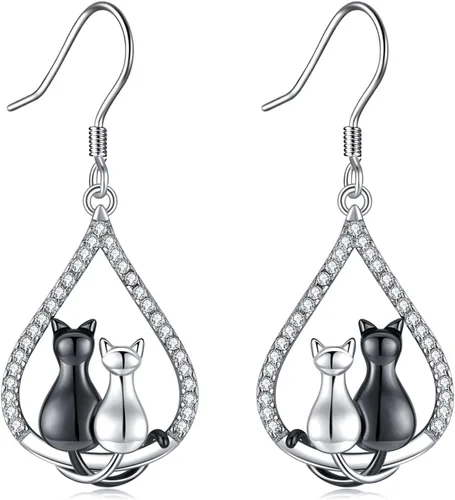Vista 180 de Aretes colgantes de plata de ley con diseño de árbol de la vida, flor, abeja, animales, gato, colibrí, piedra lunar, turquesa, aretes con cierre