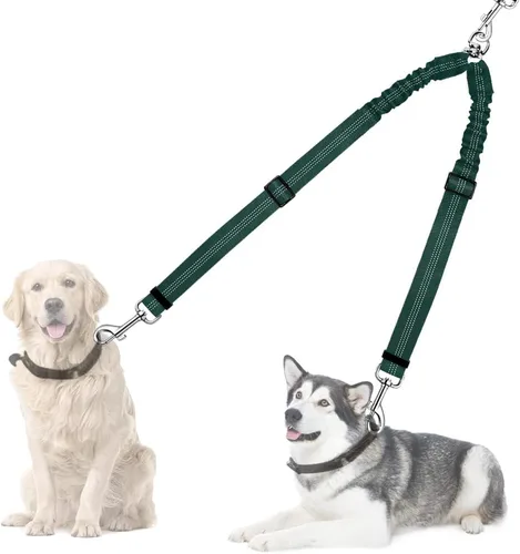 Vista 15 de Correa doble para perros, sin enredos, rotación giratoria de 360°, reflectante, con extensión de bungee, divisor para dos perros, cómoda