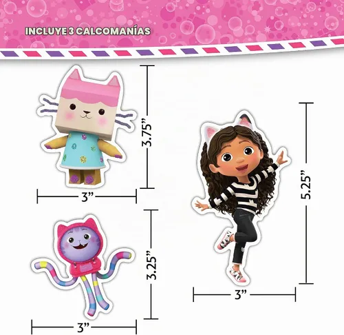 Vista 3 de DreamWorks Gabby's Dollhouse - Juego de 3 calcomanías de vinilo para botella de agua, bicicleta, casco, laptop, monopatín, coche, vinilo resistente