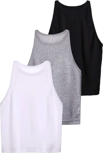 Vista 6 de 3 piezas de camiseta sin mangas básica para mujer, camiseta corta con espalda cruzada para mujer, sin mangas, deportes, entrenamiento, de algodón