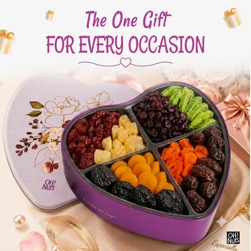 Vista 8 de Oh! Nuts Cesta de regalo de frutas secas en forma de corazón, 8 variedades tropicales gourmet, albaricoques, dátiles, ciruelas pasas, arándanos