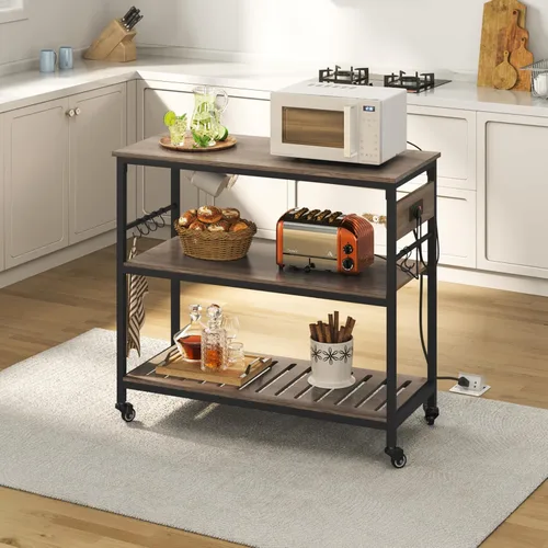 Vista 2 de Yaheetech Carrito de isla de cocina con toma de corriente, carritos de cocina con ruedas con almacenamiento, soporte de microondas de 3 niveles