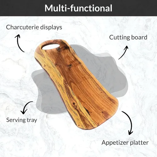Vista 7 de Tabla de embutidos de acacia con borde vivo natural y mango redondo, tabla de queso de madera, tabla decorativa de madera para servir y cortar