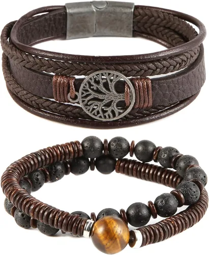 Vista 3 de HZMAN Pulseras de cuero genuino con diseño de árbol de la vida para hombres y mujeres, diseño de ojo de tigre, piedra natural, cuentas de roca