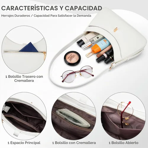 Vista 3 de APHISON Bolso de hombro para mujer, de piel vegana, monederos y bolsos de mano con correa ajustable 02-Blanco