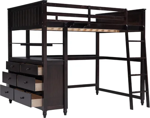 Vista 4 de VilroCaz Modern Elegance - Cama tipo loft de tamaño matrimonial con cajones de almacenamiento y escritorio, marco de cama de madera maciza