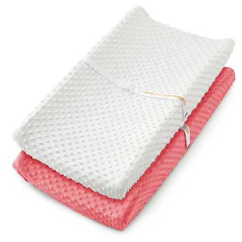 Vista 15 de Homiest Paquete de 2 fundas para cambiador, sábanas blancas y beige, tela de vellón ultra suave, tela de lunares minky, funda transpirable y cómoda