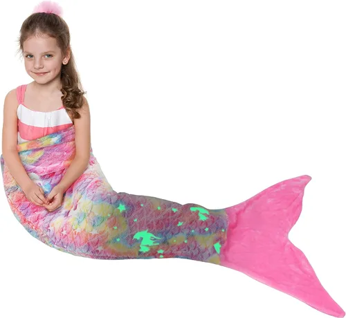 Vista 16 de Catalonia Manta de cola de sirena para niñas, saco de dormir de sirena que brilla en la oscuridad para niños de 3 a 14 años, regalo de sirena