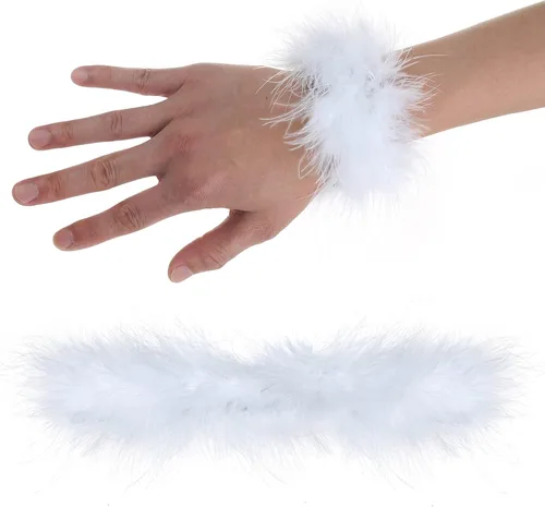 Vista 2 de Cooluckday 2 pares de pulseras de plumas para mujer anillo de palmadas decoración de muñeca mangas de puño accesorios para el cabello negro gris