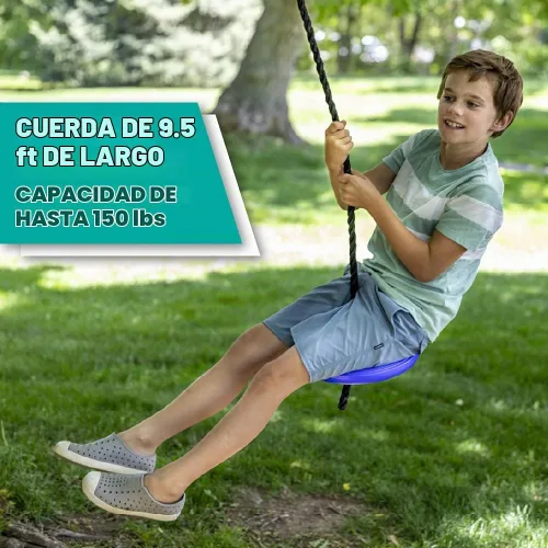 Vista 2 de Squirrel Products Columpio de árbol de plástico resistente - Columpio de cuerda de disco con protectores de piernas - Adiciones y reemplazos Azul