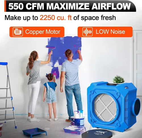 Vista 3 de Depurador de aire industrial con filtración HEPA de 3 etapas, flujo de aire ajustable de 0 a 550 CFM, temporizador de 0 a 99 horas, cubre 800 pies
