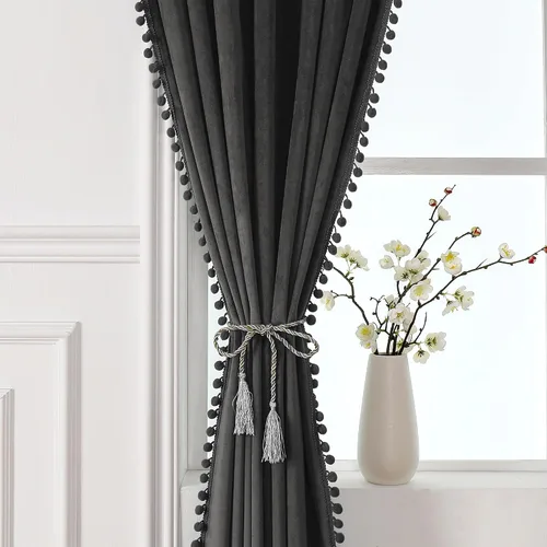 Vista 3 de Victree - Cortinas de terciopelo con pompón para dormitorio, cortinas opacas de 52 x 120 pulgadas de largo - Cortinas con bolsillo para barra que