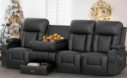 Vista 17 de YONISEE Juego de muebles de sala de estar, sofá biplaza reclinable de 2 plazas y silla reclinable giratoria de 360° con masaje, sofá reclinable