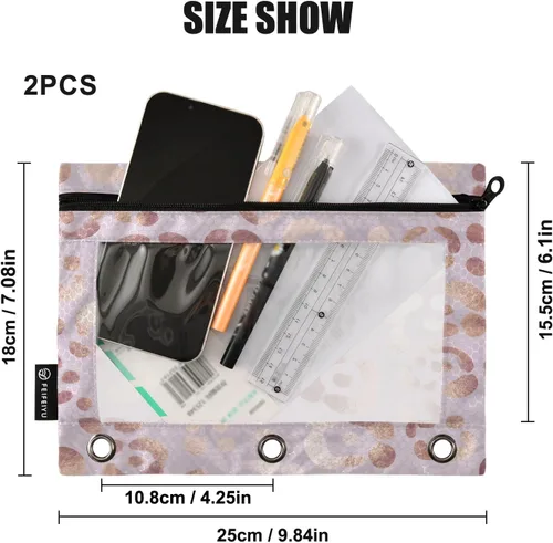 Vista 3 de Estuche para lápices con estampado de leopardo, guepardo, oro rosa, para carpeta de 3 anillas, 2 bolsas para lápices con cremallera, estuche